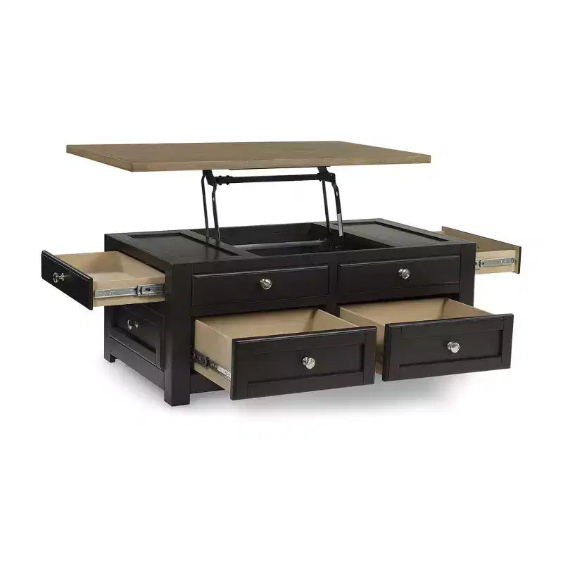 Table basse relevable bicolore avec tiroirs de rangement et roulettes, Marron