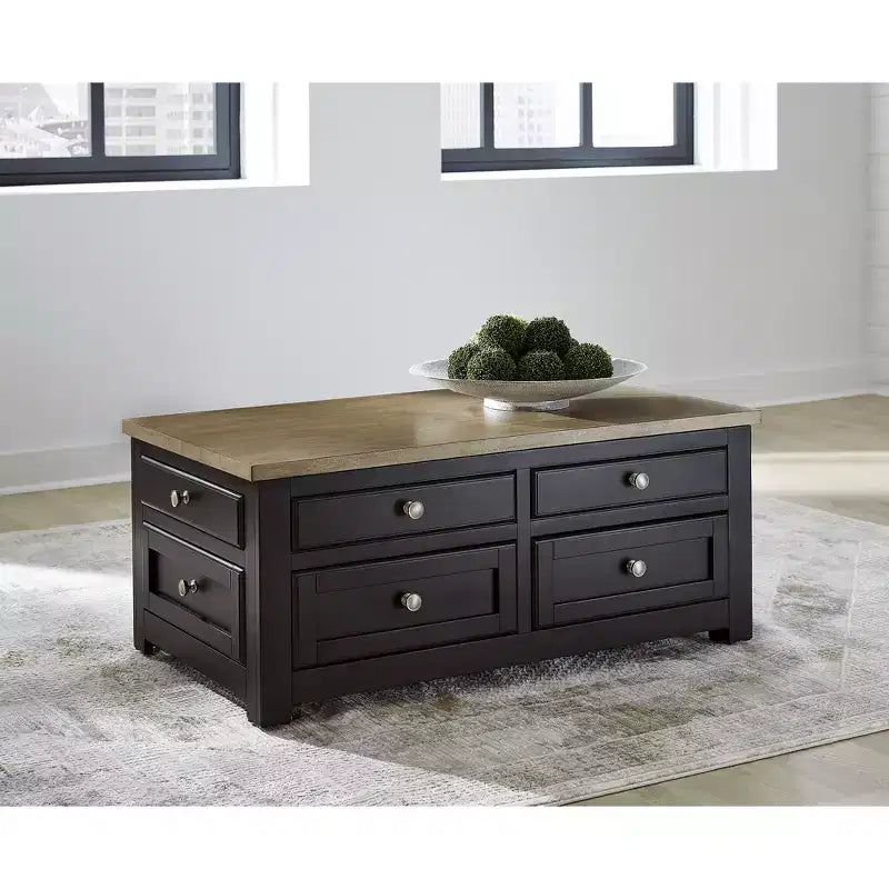 Table basse relevable bicolore avec tiroirs de rangement et roulettes, Marron