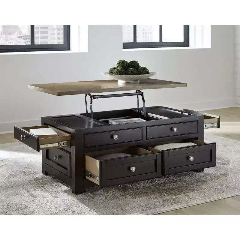 Table basse relevable bicolore avec tiroirs de rangement et roulettes, Marron