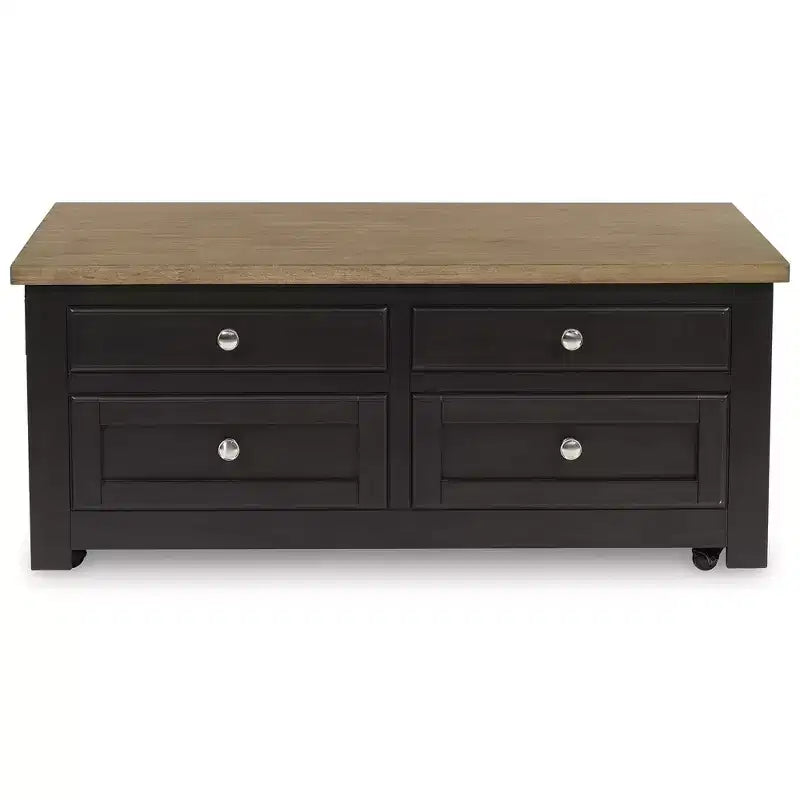 Table basse relevable bicolore avec tiroirs de rangement et roulettes, Marron