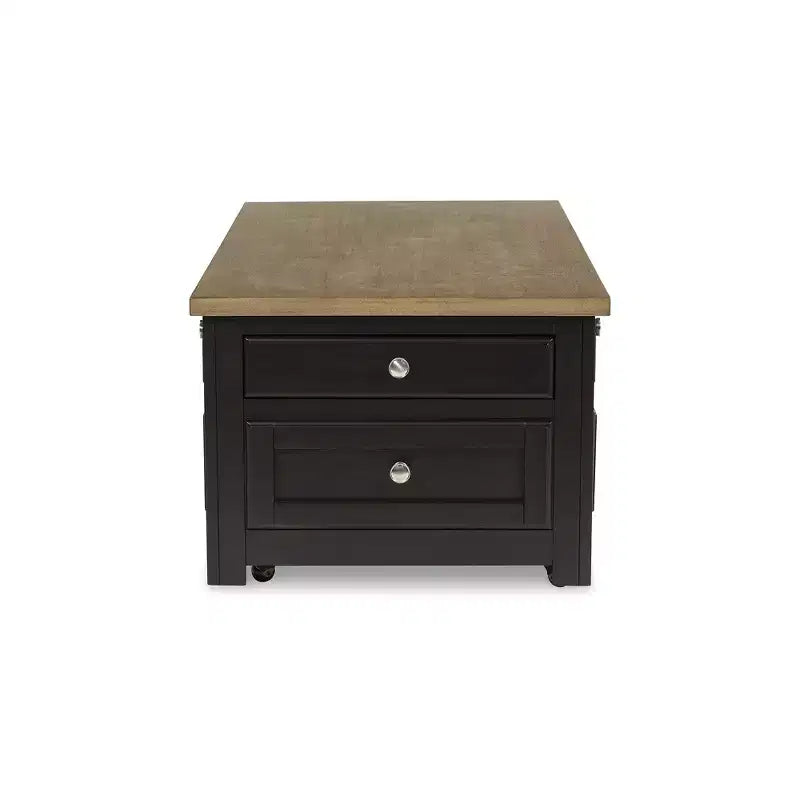 Table basse relevable bicolore avec tiroirs de rangement et roulettes, Marron
