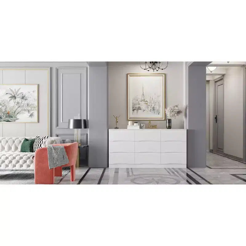 Commode horizontale pour chambre à coucher, moderne, minimaliste, poignées invisibles, blanche