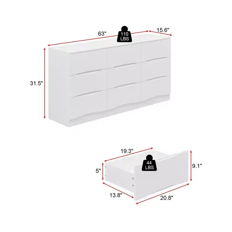 Commode horizontale pour chambre à coucher, moderne, minimaliste, poignées invisibles, blanche