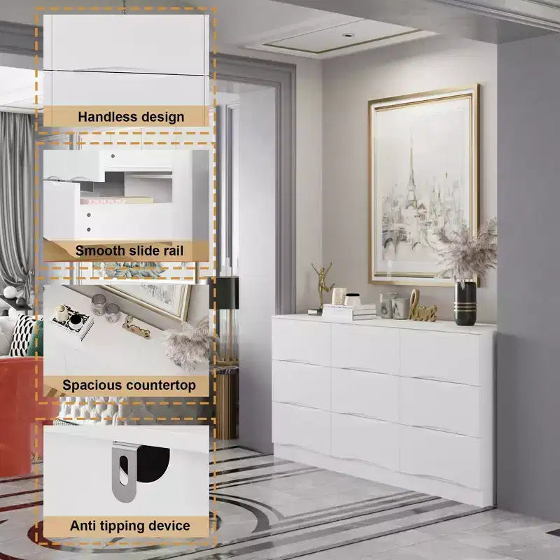Commode horizontale pour chambre à coucher, moderne, minimaliste, poignées invisibles, blanche