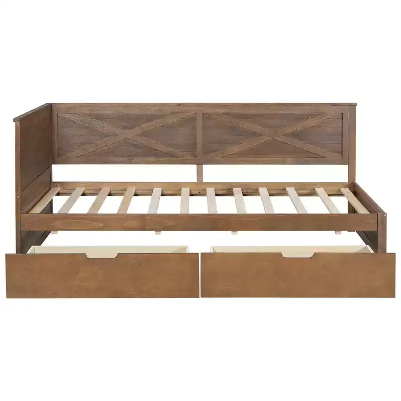 Lit de repos double avec lit gigogne/2 tiroirs et garde-corps rustique, Gris/Marron
