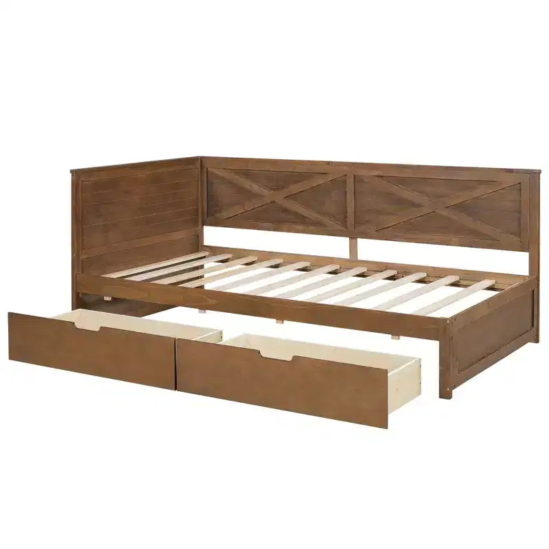 Lit de repos double avec lit gigogne/2 tiroirs et garde-corps rustique, Gris/Marron