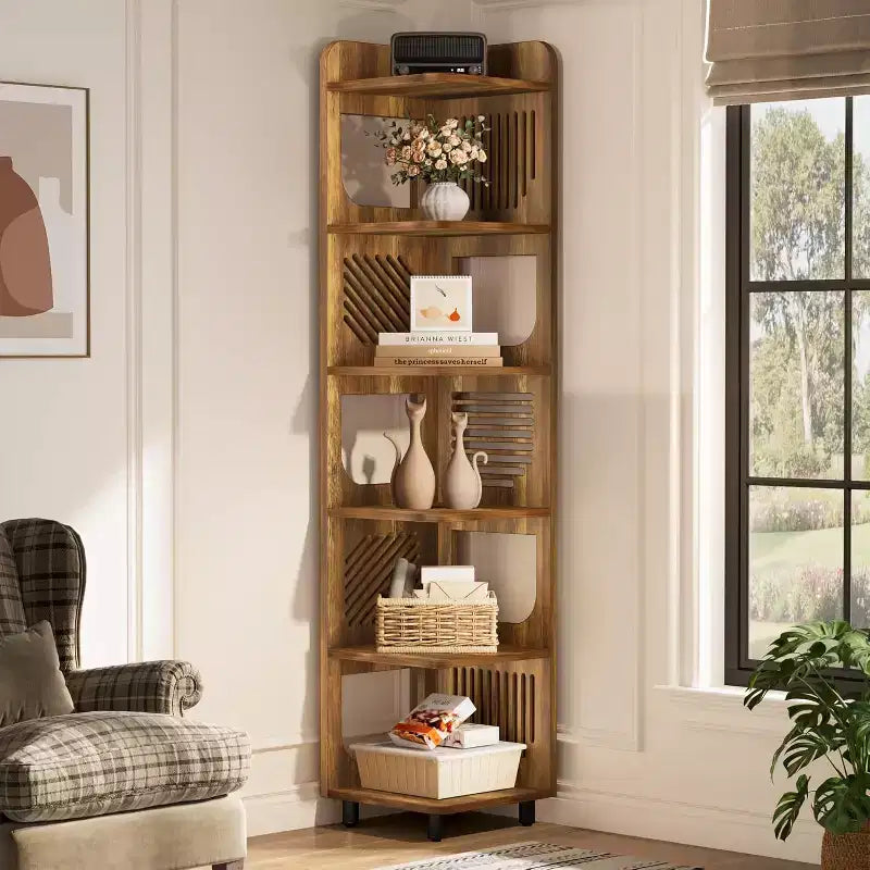 Étagère d'angle à 6 niveaux, bibliothèque haute rustique de 180 cm pour salon, chambre, bureau
