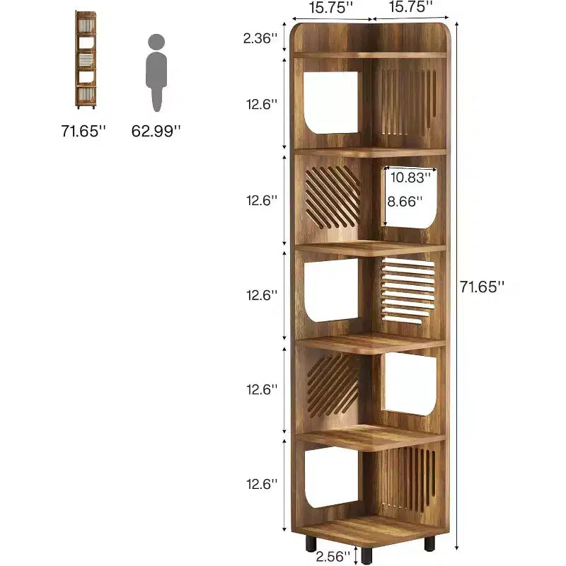 Étagère d'angle à 6 niveaux, bibliothèque haute rustique de 180 cm pour salon, chambre, bureau