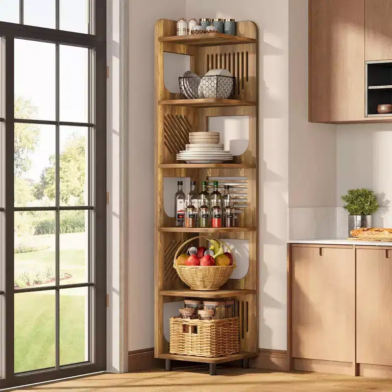 Étagère d'angle à 6 niveaux, bibliothèque haute rustique de 180 cm pour salon, chambre, bureau