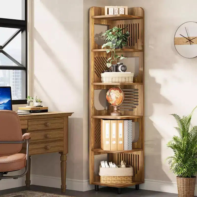 Étagère d'angle à 6 niveaux, bibliothèque haute rustique de 180 cm pour salon, chambre, bureau