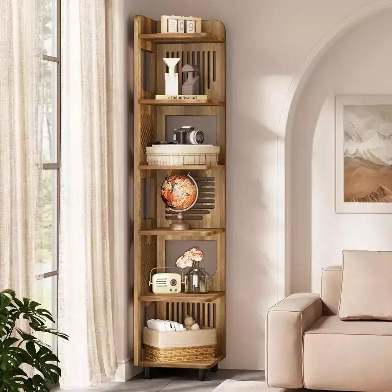 Étagère d'angle à 6 niveaux, bibliothèque haute rustique de 180 cm pour salon, chambre, bureau
