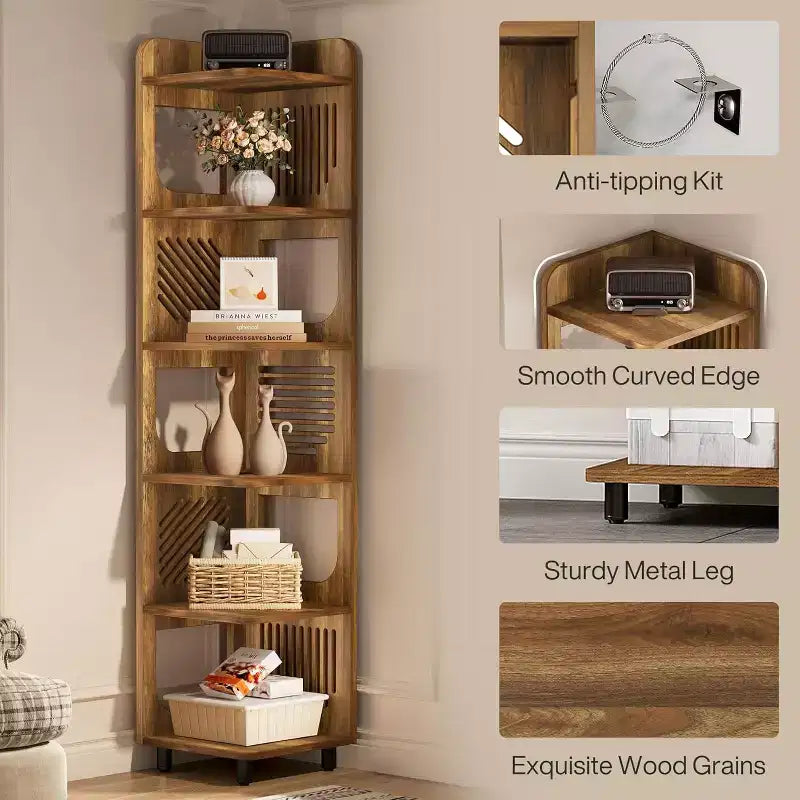 Étagère d'angle à 6 niveaux, bibliothèque haute rustique de 180 cm pour salon, chambre, bureau