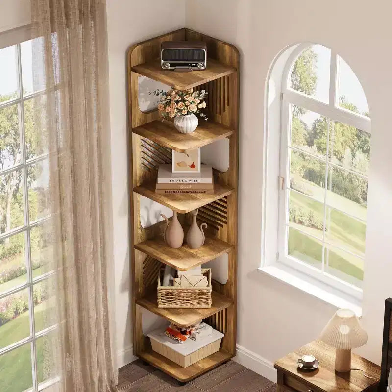 Étagère d'angle à 6 niveaux, bibliothèque haute rustique de 180 cm pour salon, chambre, bureau