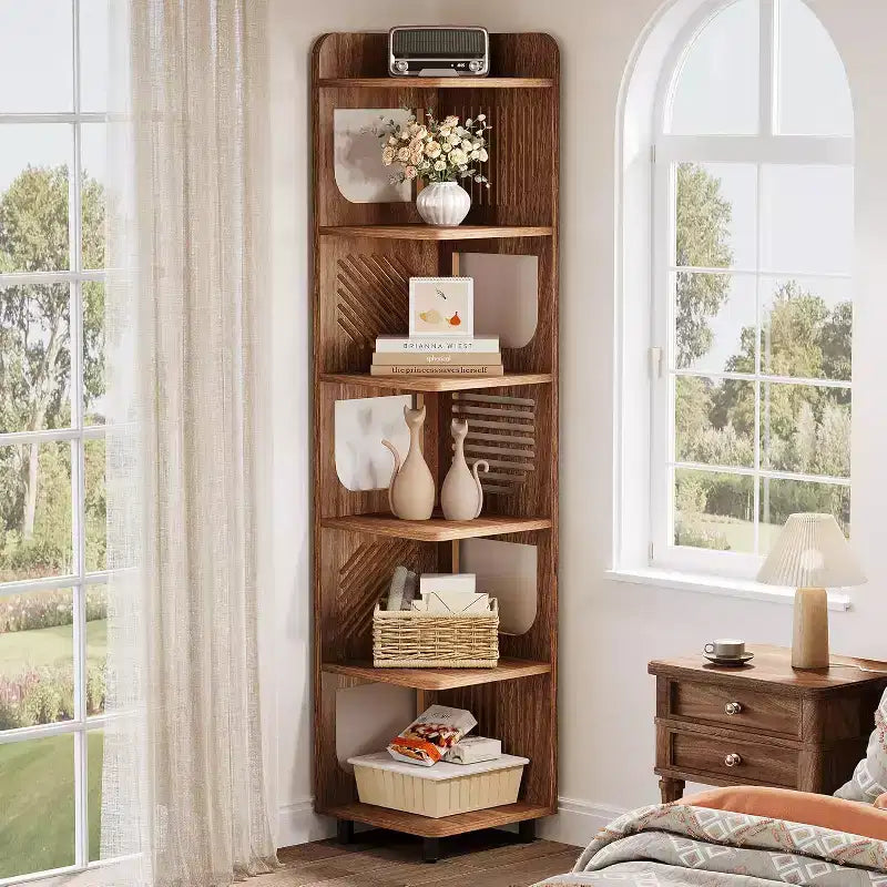 Étagère d'angle à 6 niveaux, bibliothèque haute rustique de 180 cm pour salon, chambre, bureau