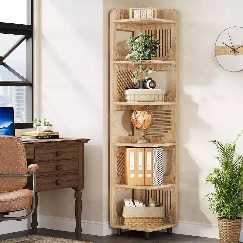 Étagère d'angle à 6 niveaux, bibliothèque haute rustique de 180 cm pour salon, chambre, bureau