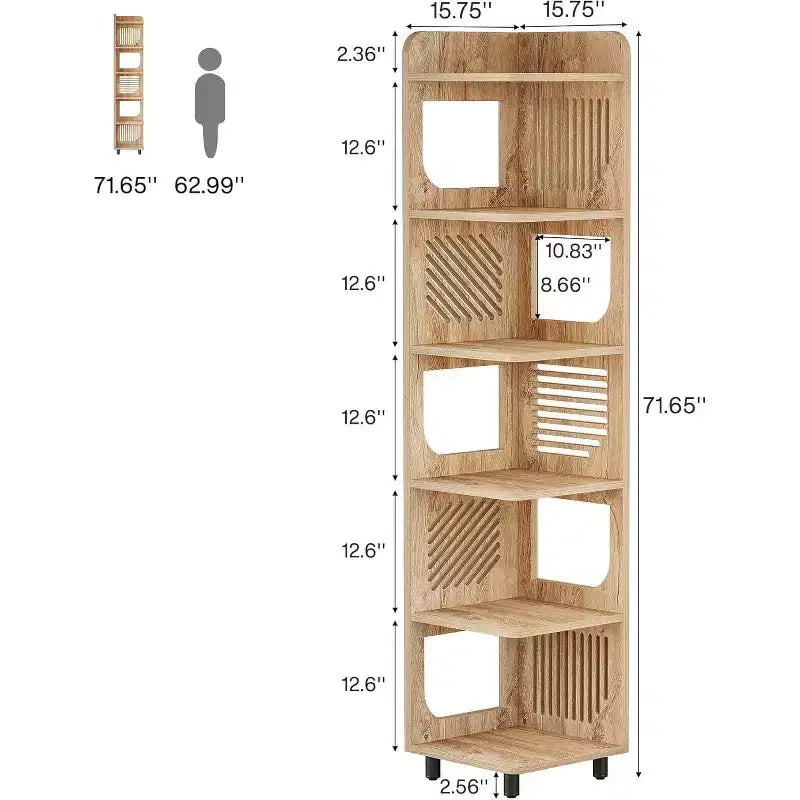 Étagère d'angle à 6 niveaux, bibliothèque haute rustique de 180 cm pour salon, chambre, bureau