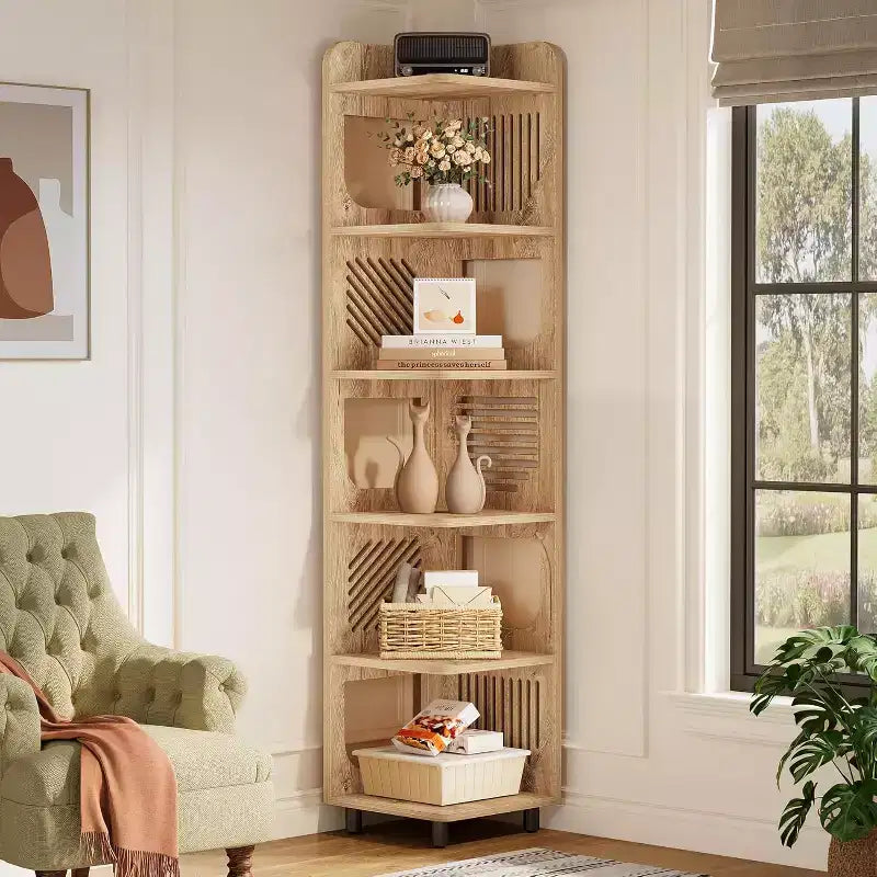 Étagère d'angle à 6 niveaux, bibliothèque haute rustique de 180 cm pour salon, chambre, bureau