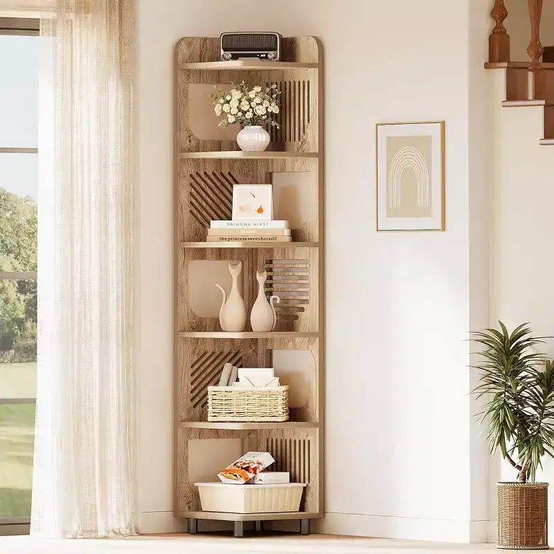 Étagère d'angle à 6 niveaux, bibliothèque haute rustique de 180 cm pour salon, chambre, bureau