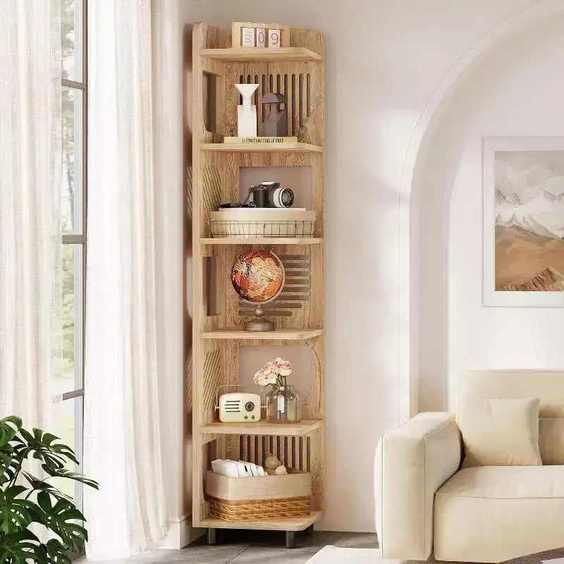 Étagère d'angle à 6 niveaux, bibliothèque haute rustique de 180 cm pour salon, chambre, bureau