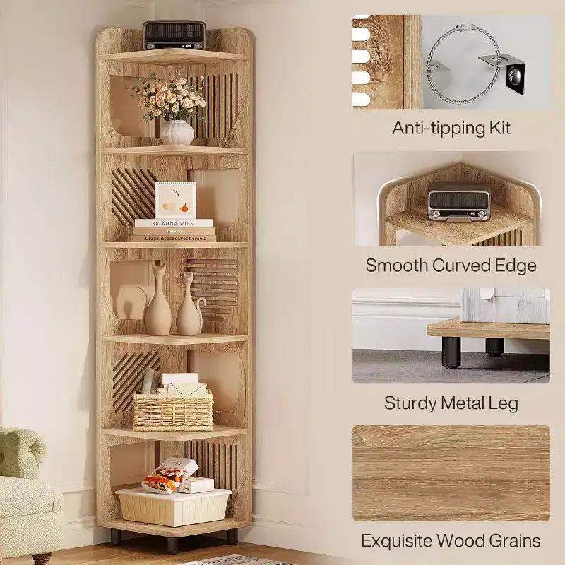 Étagère d'angle à 6 niveaux, bibliothèque haute rustique de 180 cm pour salon, chambre, bureau