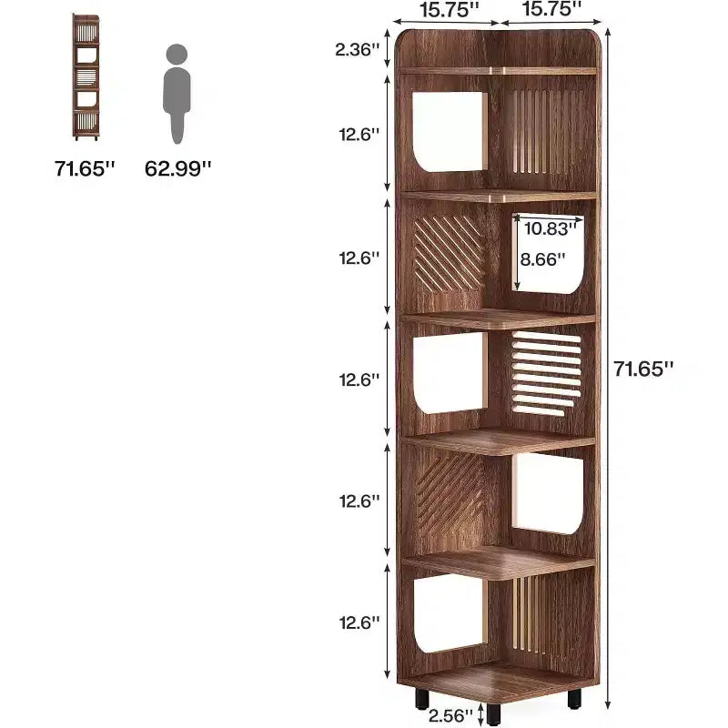 Étagère d'angle à 6 niveaux, bibliothèque haute rustique de 180 cm pour salon, chambre, bureau