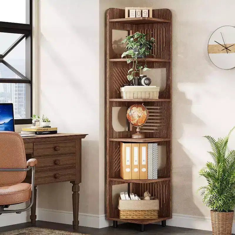 Étagère d'angle à 6 niveaux, bibliothèque haute rustique de 180 cm pour salon, chambre, bureau