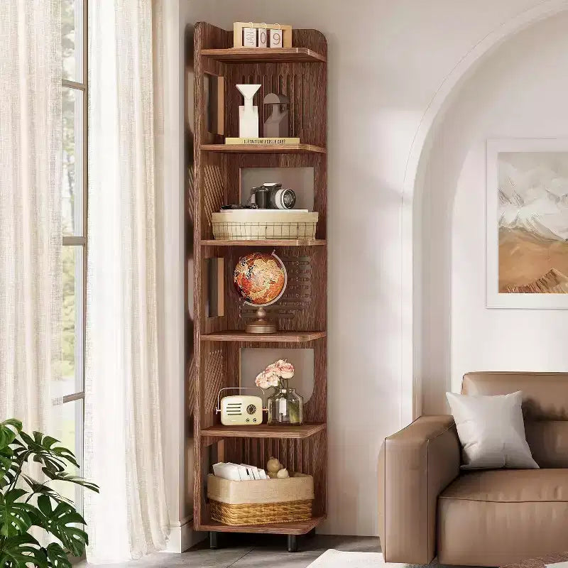 Étagère d'angle à 6 niveaux, bibliothèque haute rustique de 180 cm pour salon, chambre, bureau