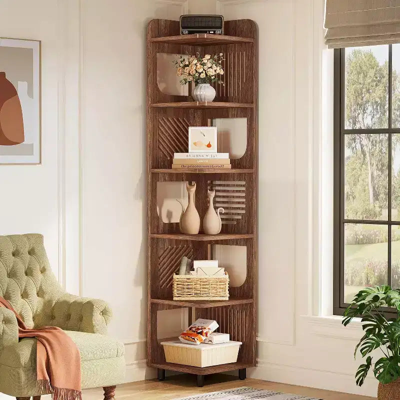 Étagère d'angle à 6 niveaux, bibliothèque haute rustique de 180 cm pour salon, chambre, bureau