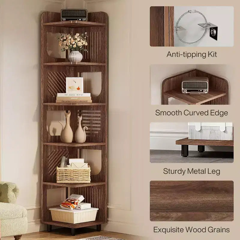 Étagère d'angle à 6 niveaux, bibliothèque haute rustique de 180 cm pour salon, chambre, bureau