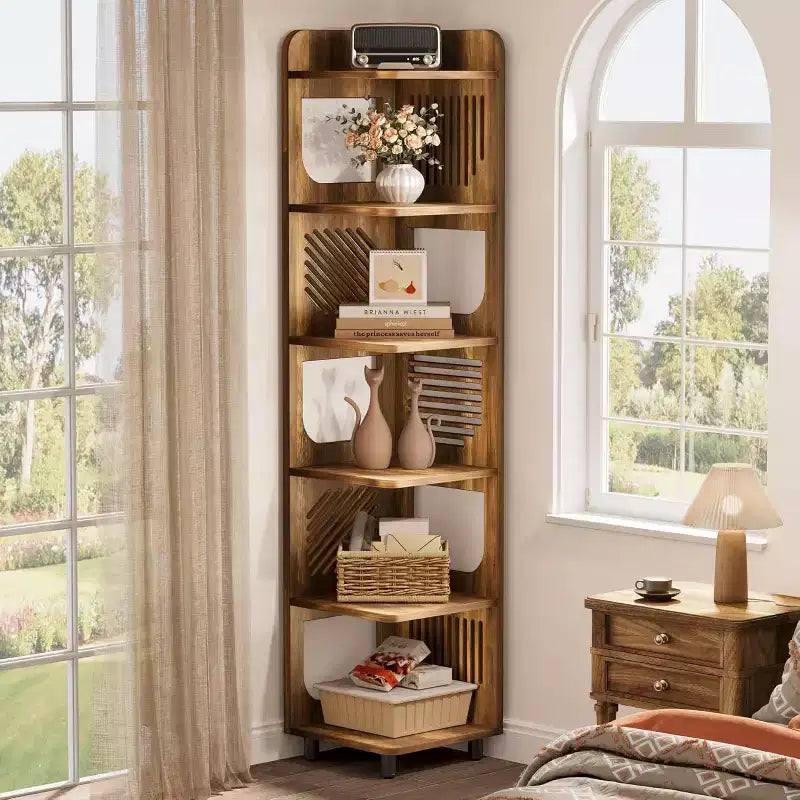 Étagère d'angle à 6 niveaux, bibliothèque haute rustique de 180 cm pour salon, chambre, bureau