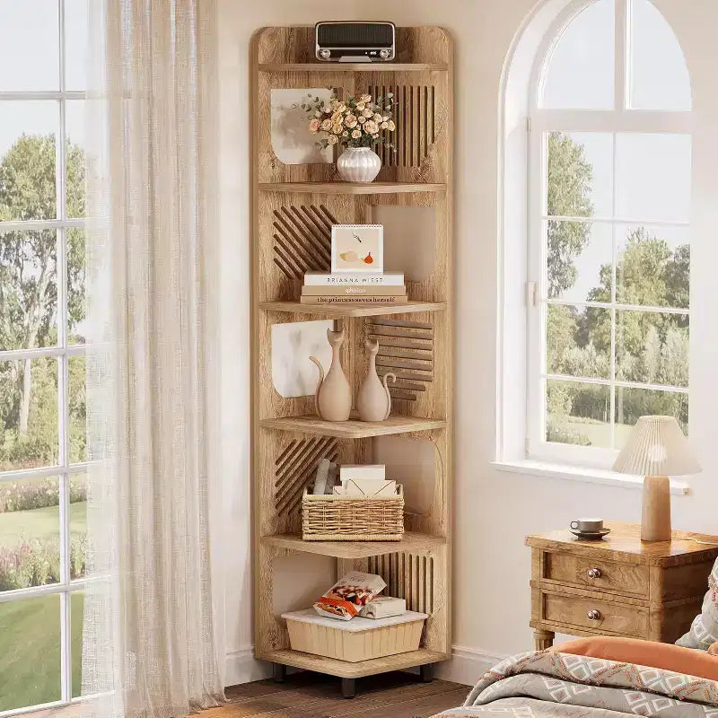 Étagère d'angle à 6 niveaux, bibliothèque haute rustique de 180 cm pour salon, chambre, bureau