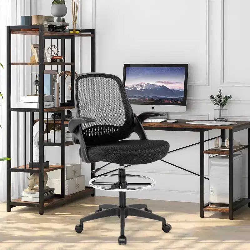 Chaise de Dessin, Fauteuil de Bureau Haut avec Dossier en Maille Respirante et Support Lombaire, Noir