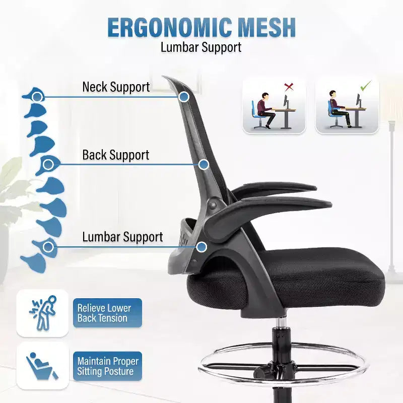 Chaise de Dessin, Fauteuil de Bureau Haut avec Dossier en Maille Respirante et Support Lombaire, Noir