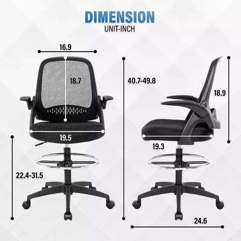 Chaise de Dessin, Fauteuil de Bureau Haut avec Dossier en Maille Respirante et Support Lombaire, Noir