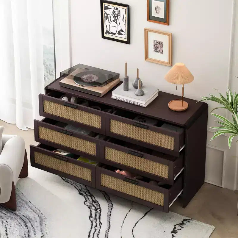 Commode à 6 tiroirs en rotin, commode de rangement d'angle en rotin en forme d'arc pour salon et chambre