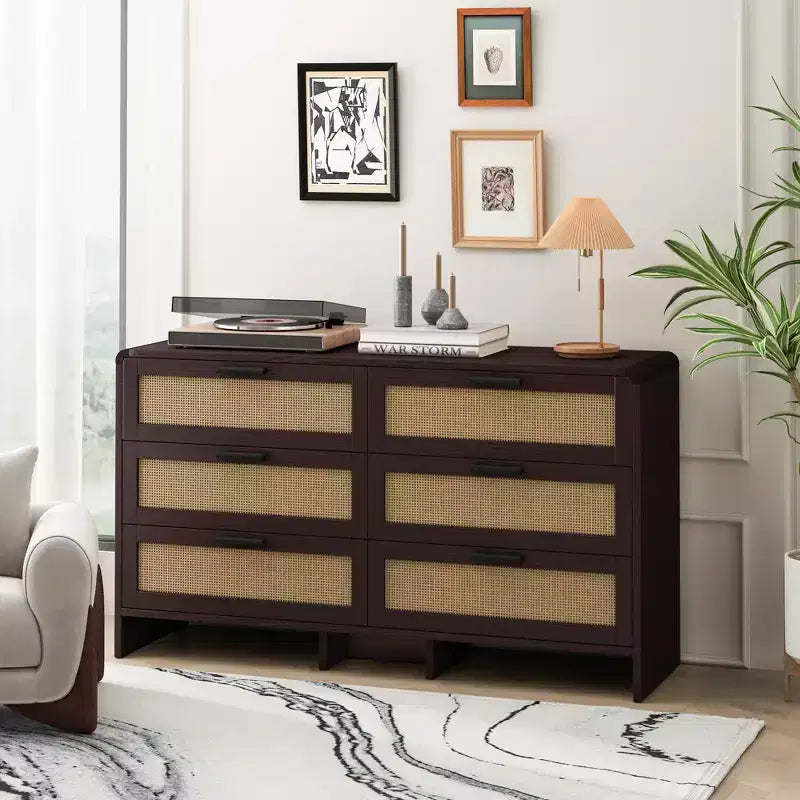 Commode à 6 tiroirs en rotin, commode de rangement d'angle en rotin en forme d'arc pour salon et chambre