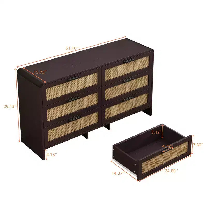 Commode à 6 tiroirs en rotin, commode de rangement d'angle en rotin en forme d'arc pour salon et chambre