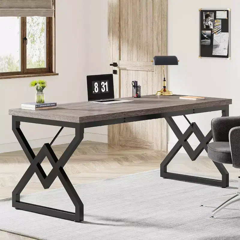 Bureau de direction de 160 cm, grand bureau d'ordinateur avec plateau en bois très épais et cadre en métal