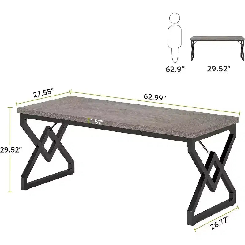 Bureau de direction de 160 cm, grand bureau d'ordinateur avec plateau en bois très épais et cadre en métal