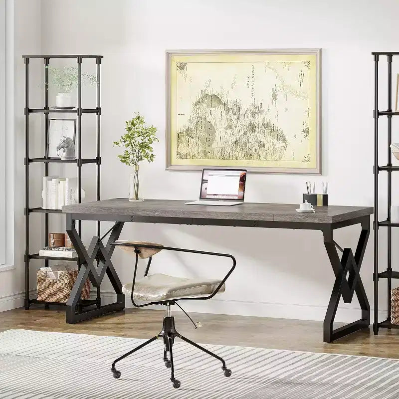Bureau de direction de 160 cm, grand bureau d'ordinateur avec plateau en bois très épais et cadre en métal