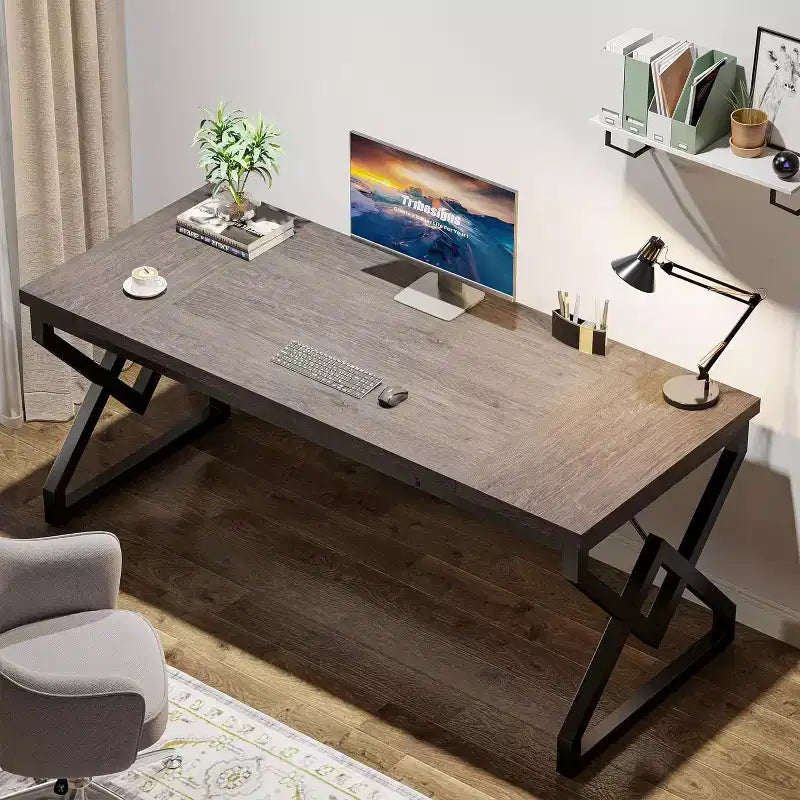 Bureau de direction de 160 cm, grand bureau d'ordinateur avec plateau en bois très épais et cadre en métal