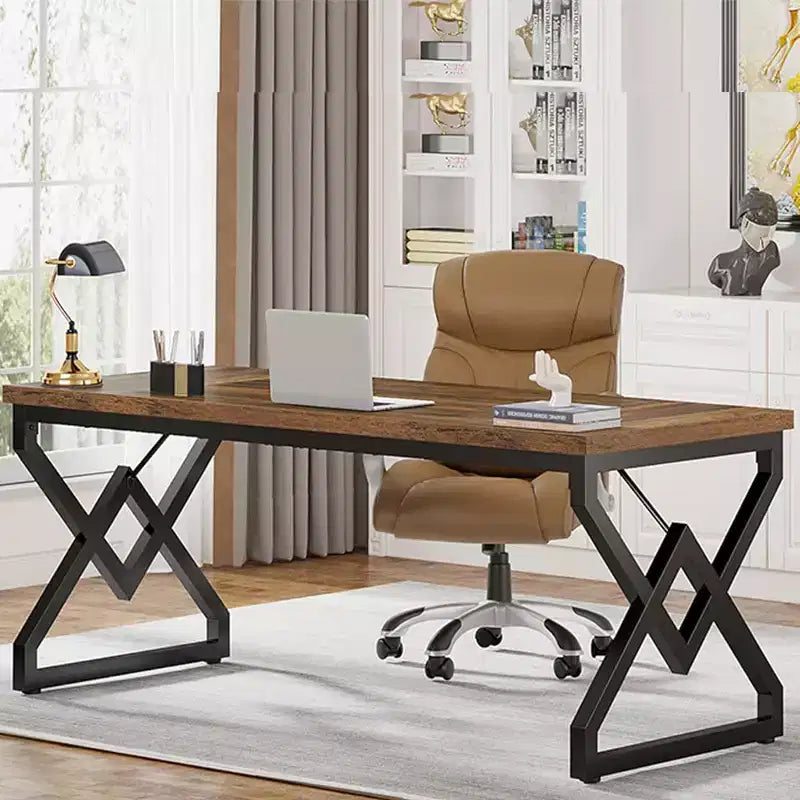 Bureau de direction de 160 cm, grand bureau d'ordinateur avec plateau en bois très épais et cadre en métal