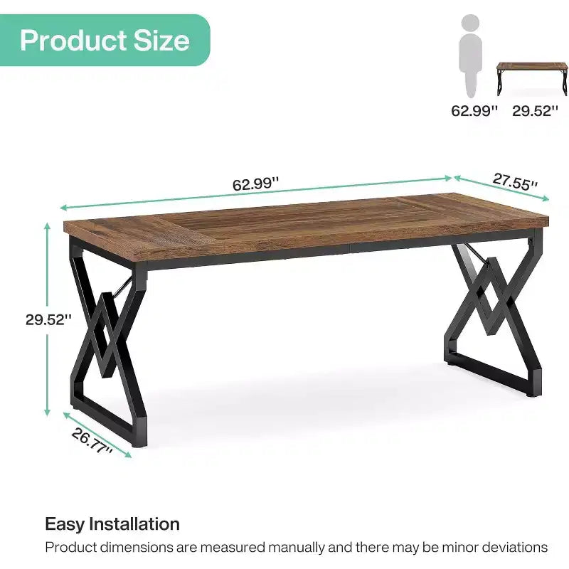 Bureau de direction de 160 cm, grand bureau d'ordinateur avec plateau en bois très épais et cadre en métal