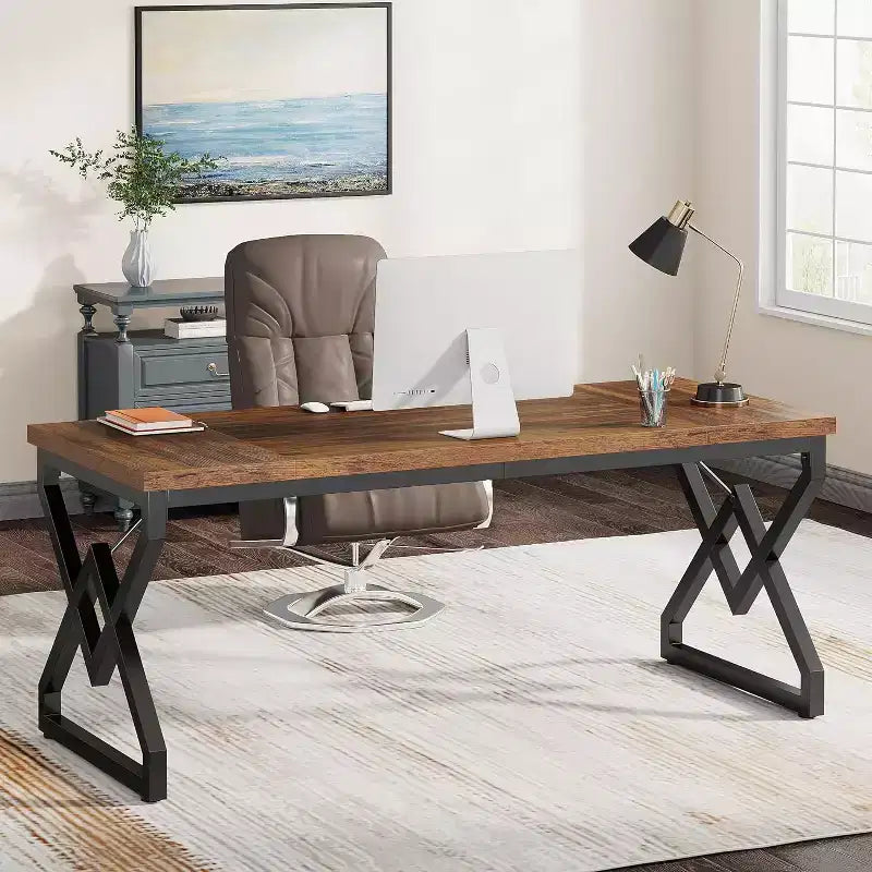 Bureau de direction de 160 cm, grand bureau d'ordinateur avec plateau en bois très épais et cadre en métal