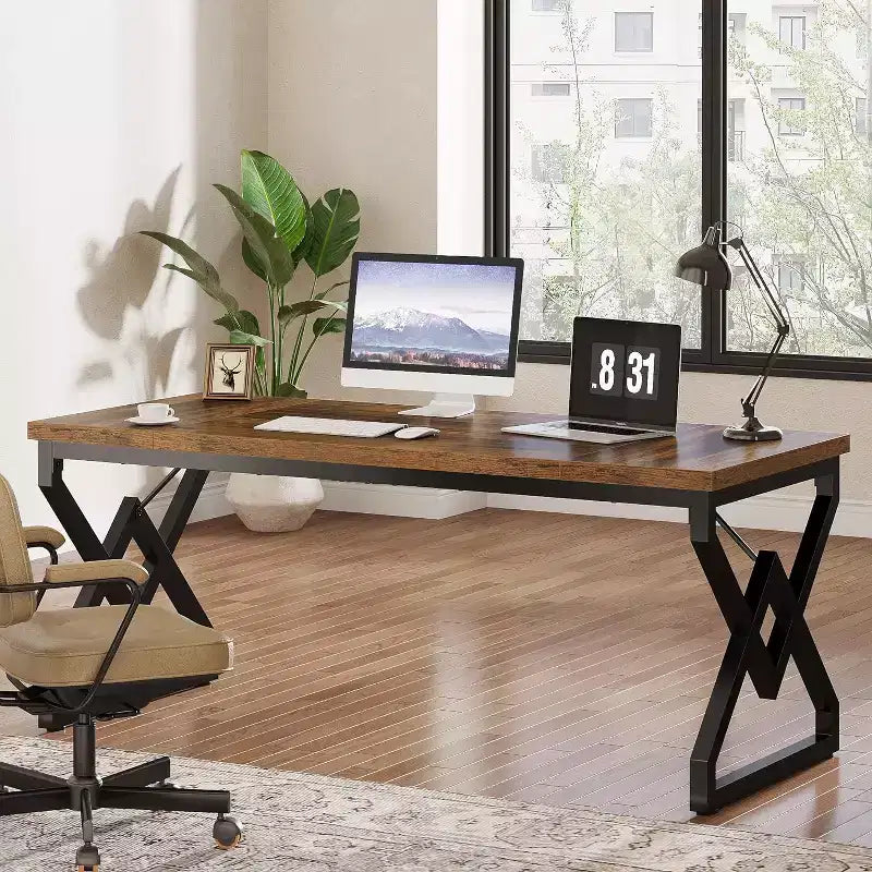 Bureau de direction de 160 cm, grand bureau d'ordinateur avec plateau en bois très épais et cadre en métal