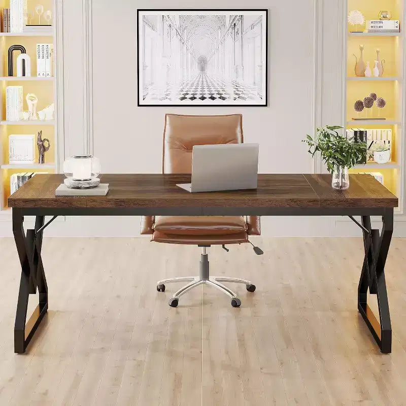 Bureau de direction de 160 cm, grand bureau d'ordinateur avec plateau en bois très épais et cadre en métal
