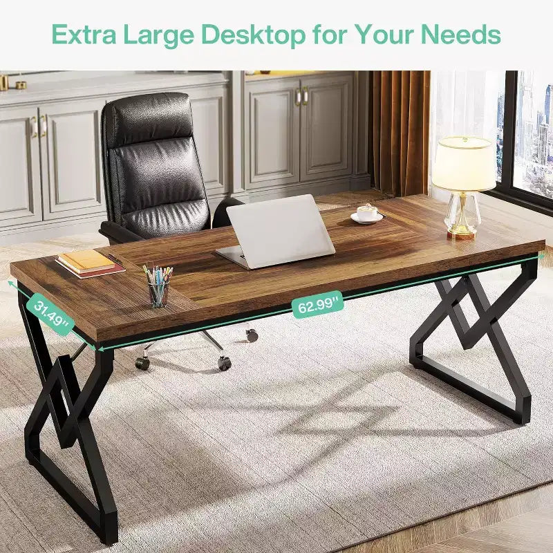 Bureau de direction de 160 cm, grand bureau d'ordinateur avec plateau en bois très épais et cadre en métal