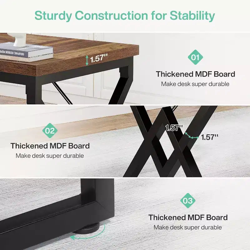 Bureau de direction de 160 cm, grand bureau d'ordinateur avec plateau en bois très épais et cadre en métal