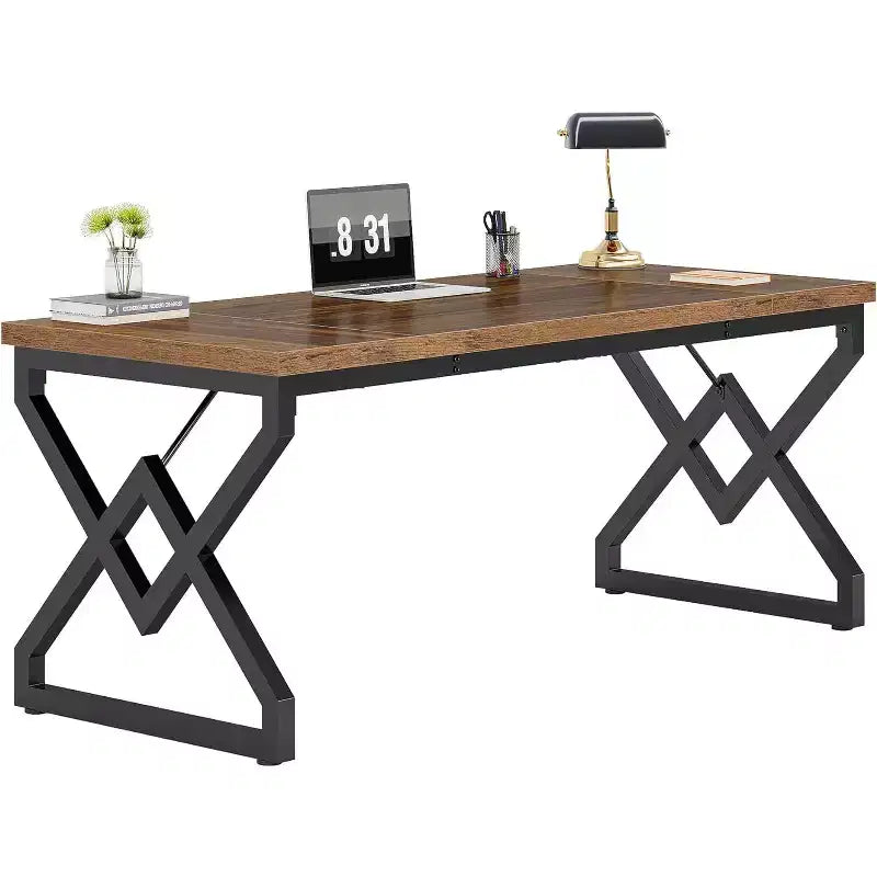 Bureau de direction de 160 cm, grand bureau d'ordinateur avec plateau en bois très épais et cadre en métal