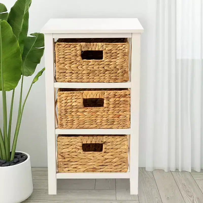 Table d'appoint à 3 niveaux avec 3 paniers en jacinthe d'eau naturelle